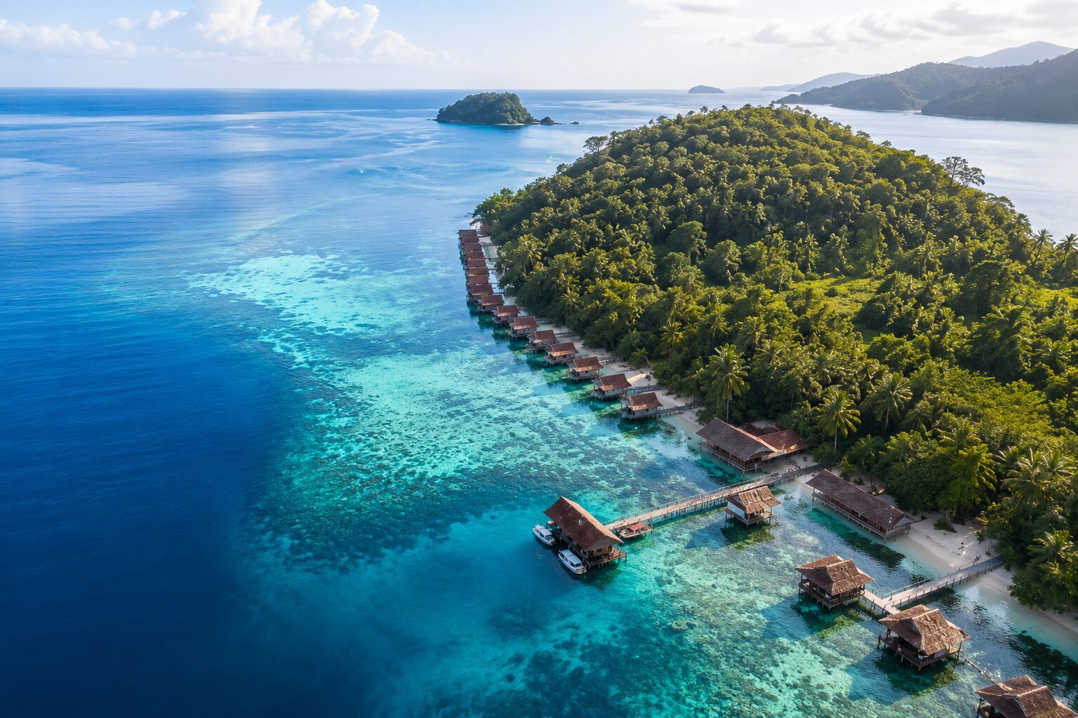 Aerial view of Papua Paradise Eco Resort with overwater bungalows in Raja Ampat, Indonesia.