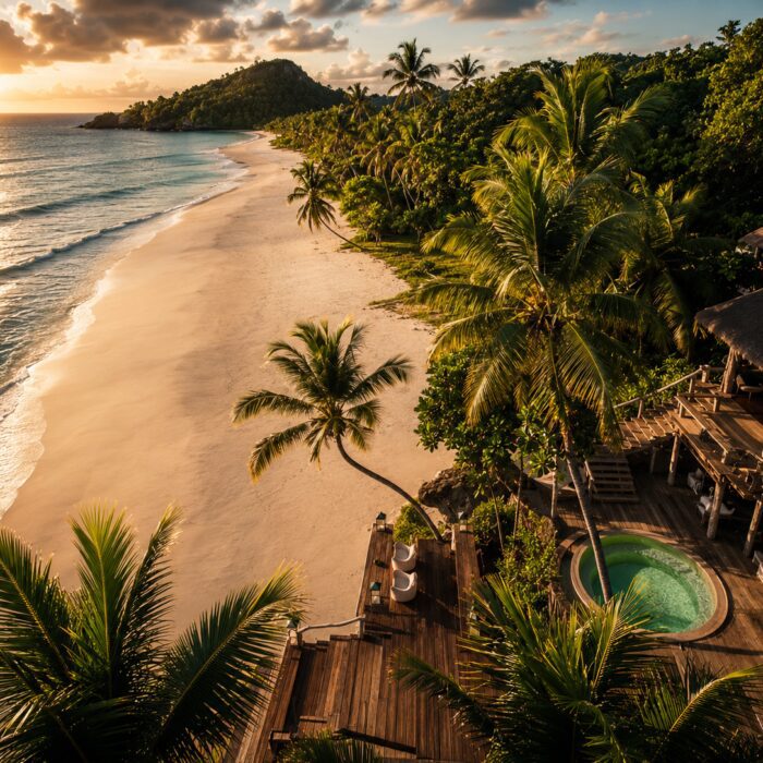 Aerial view of a luxury private island resort in the Seychelles with turquoise water, white beaches and a secluded villa