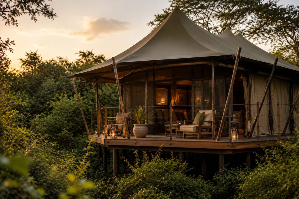 Luxury tented safari suite surrounded by wild greenery in Akagera National Park, Rwanda