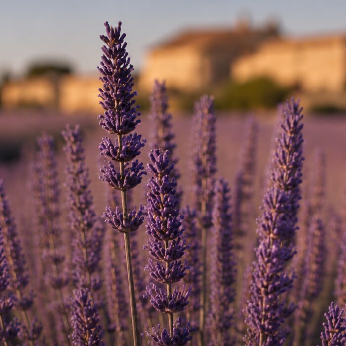 Lavender fields in Provence with purple flowers and a softly blurred countryside estate in warm golden-hour light