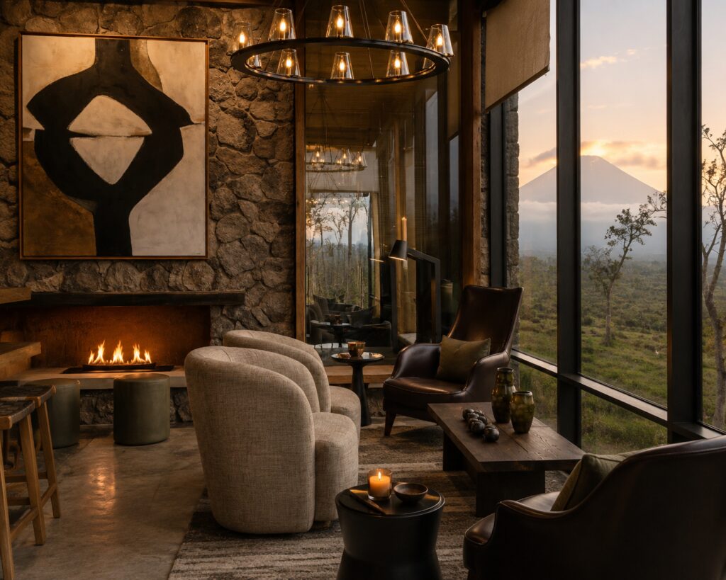 Elegant lounge with stone fireplace and volcano views at Kataza House Rwanda.