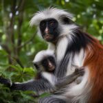 Mother Zanzibar red colobus monkey holding her baby in a tree in Jozani Forest National Park, Zanzibar, Tanzania.