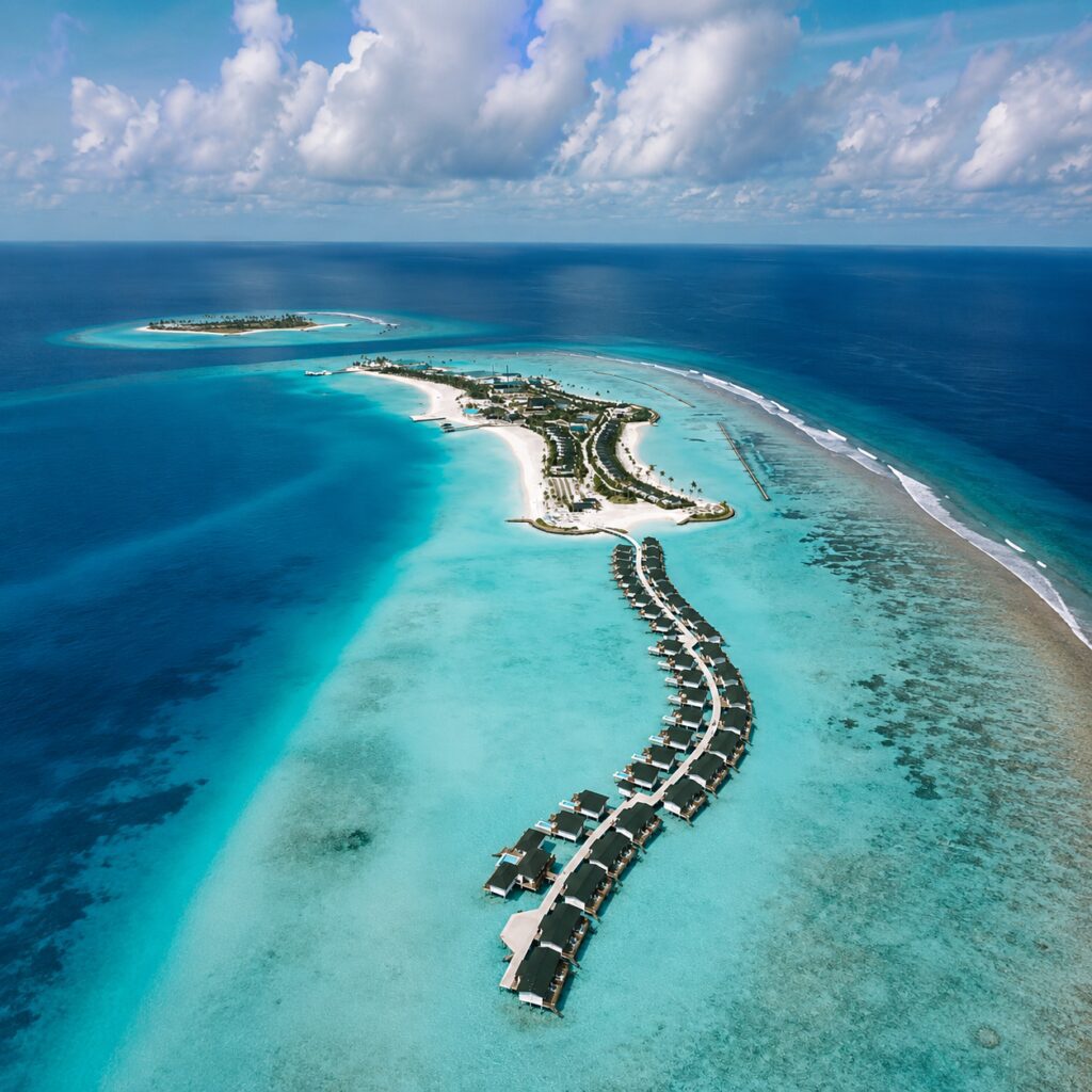 Aerial view of Joy Island Maldives with white-sand beach, turquoise lagoon and overwater villas