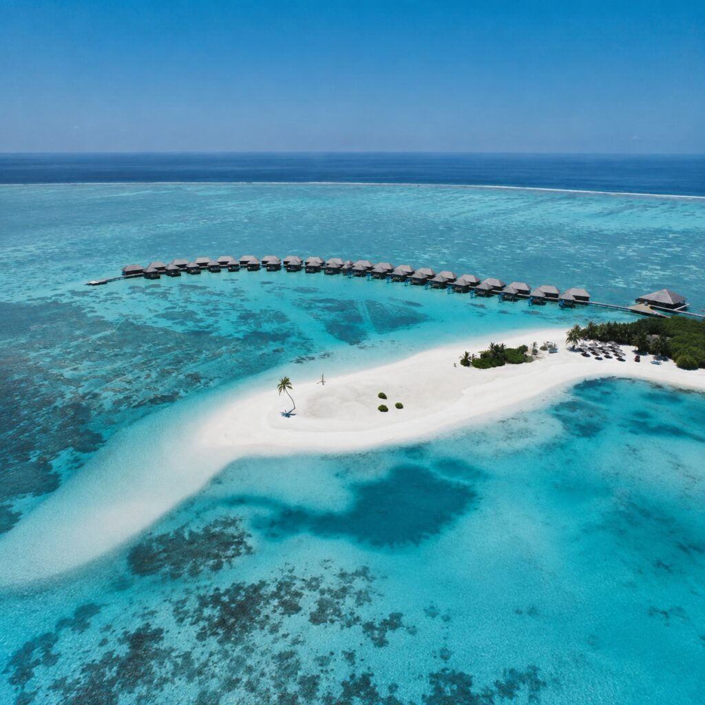 Aerial view of Cocoon Maldives overwater villas and turquoise lagoon in Lhaviyani Atoll